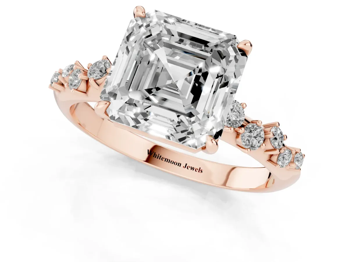 Asscher Cut Diamond Cluster Side Stone Solitaire Ring with Prong Setting Rose gold