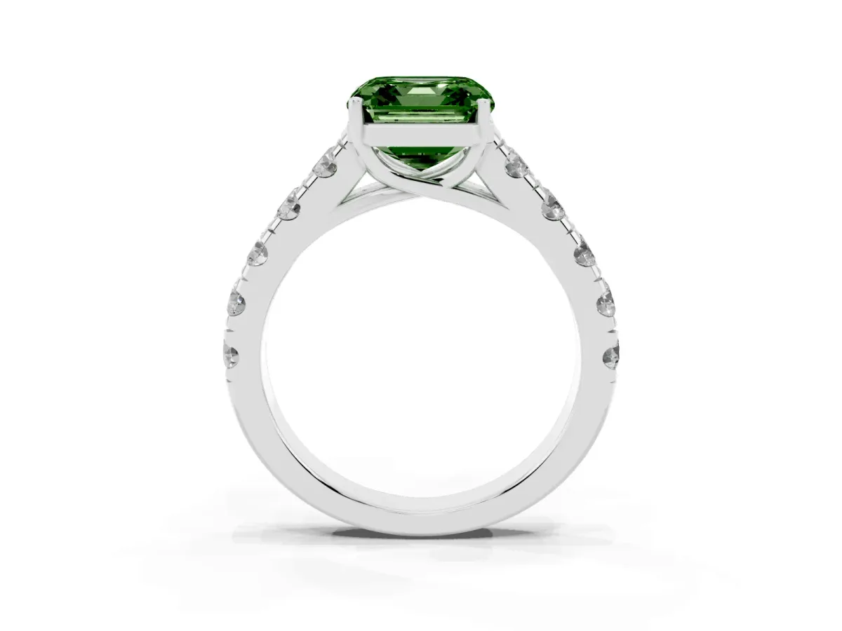 Fancy Green Asscher Cut Cut Diamond Solitaire Ring with Micro Pave Band and Prong Setting Silver