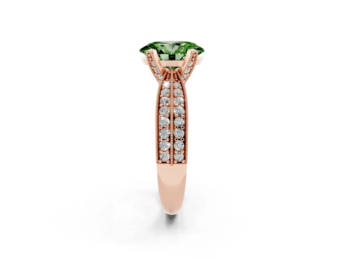 Fancy Green Oval Cut Diamond Solitaire Ring with Milgrain Round Pavé Band and Prong Setting Rose gold