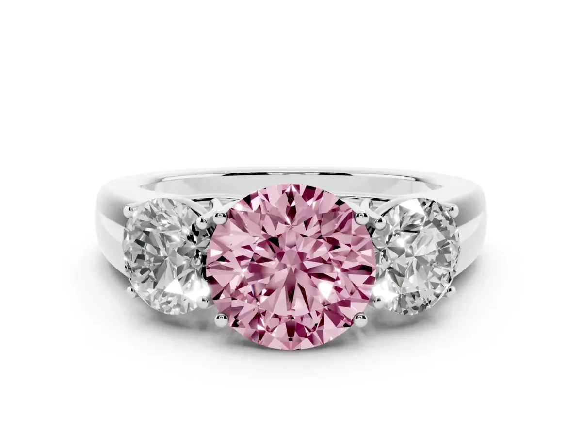 Fancy Pink Three-Stone Round Cut Cut Diamond Ring with Prong Setting and Classic Band Platinum