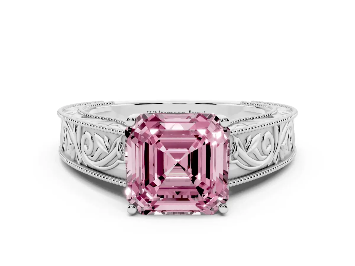 Fancy Pink Asscher Cut Diamond Solitaire Ring with Engraved Band and Four-Prong Setting Silver