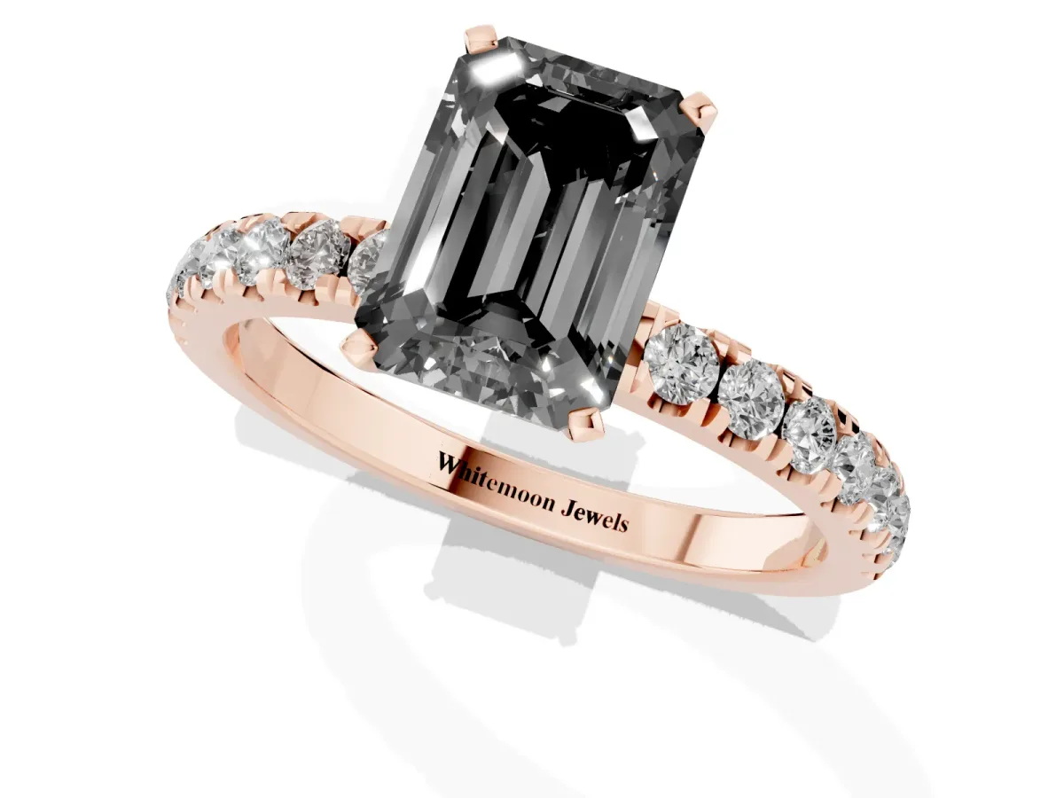 Fancy Black Emerald Cut Diamond Solitaire Ring with Pavé Accents and Four-Prong Setting Rose gold