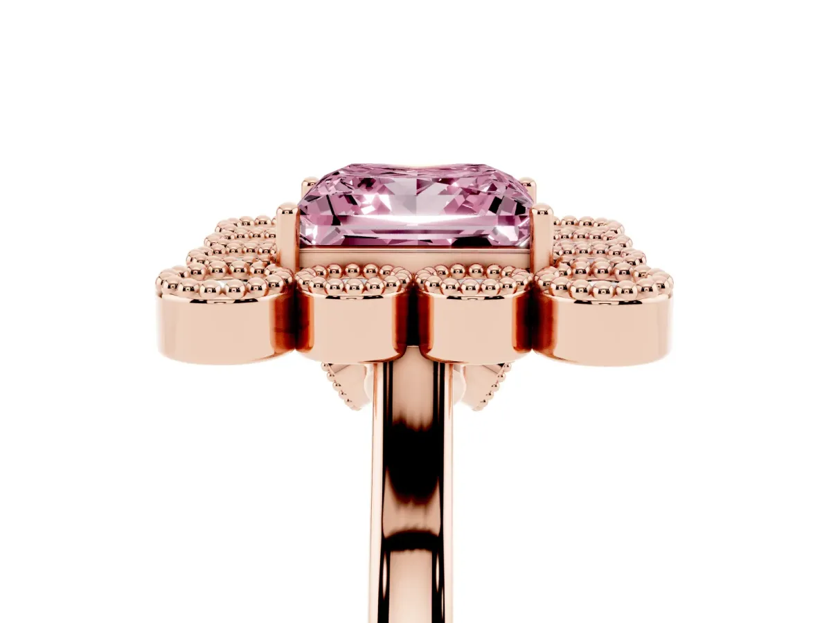 Fancy Pink Princess Cut Halo Diamond Cluster Engagement Ring with Milgrain Bezel Setting and Solitaire Band Rose gold