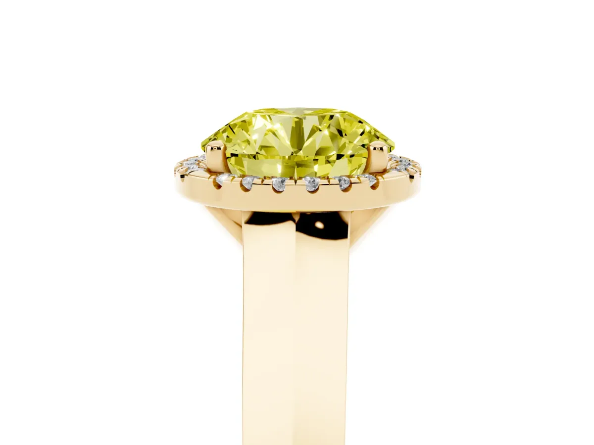 Fancy Yellow Round Cut Halo Diamond Ring with Cathedral Band and Four-Prong Setting Yellow gold