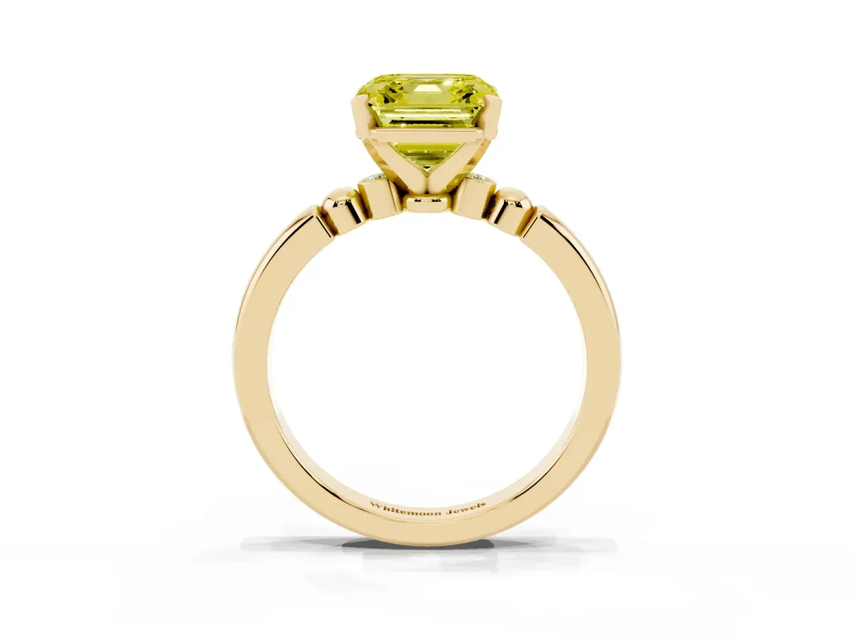 Fancy Yellow Asscher Cut Solitaire Beaded Band with Four-Prong Setting Yellow gold