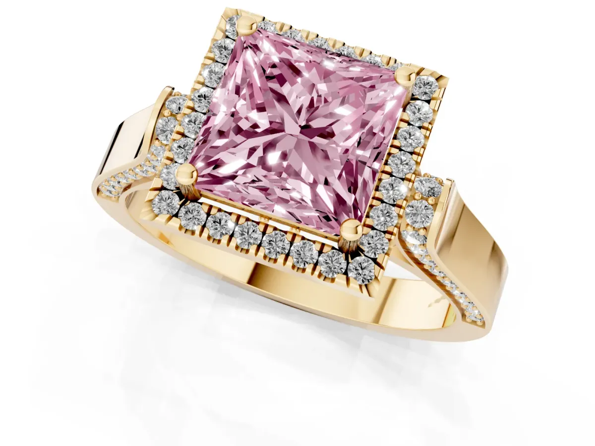 Fancy Pink Princess Cut Halo Round Diamond Twist Band with Four-Prong Setting Yellow gold
