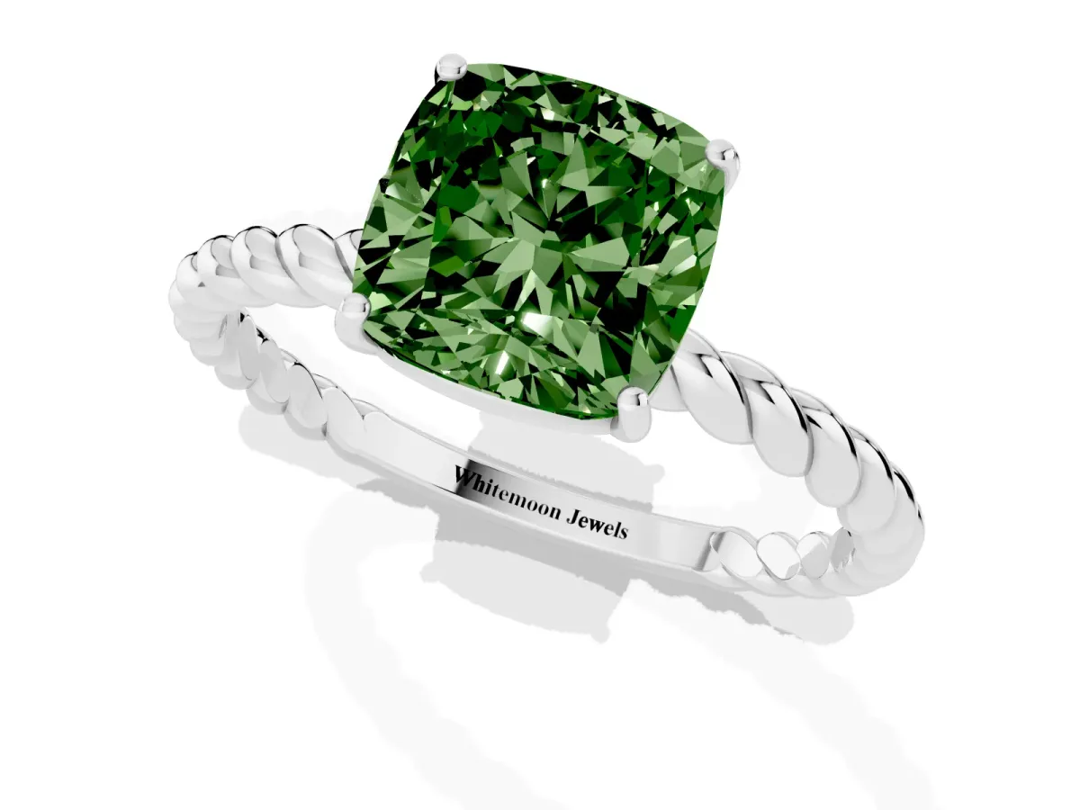 Fancy Green Cushion Cut Solitaire Twisted Band 4-Prong Ring Platinum