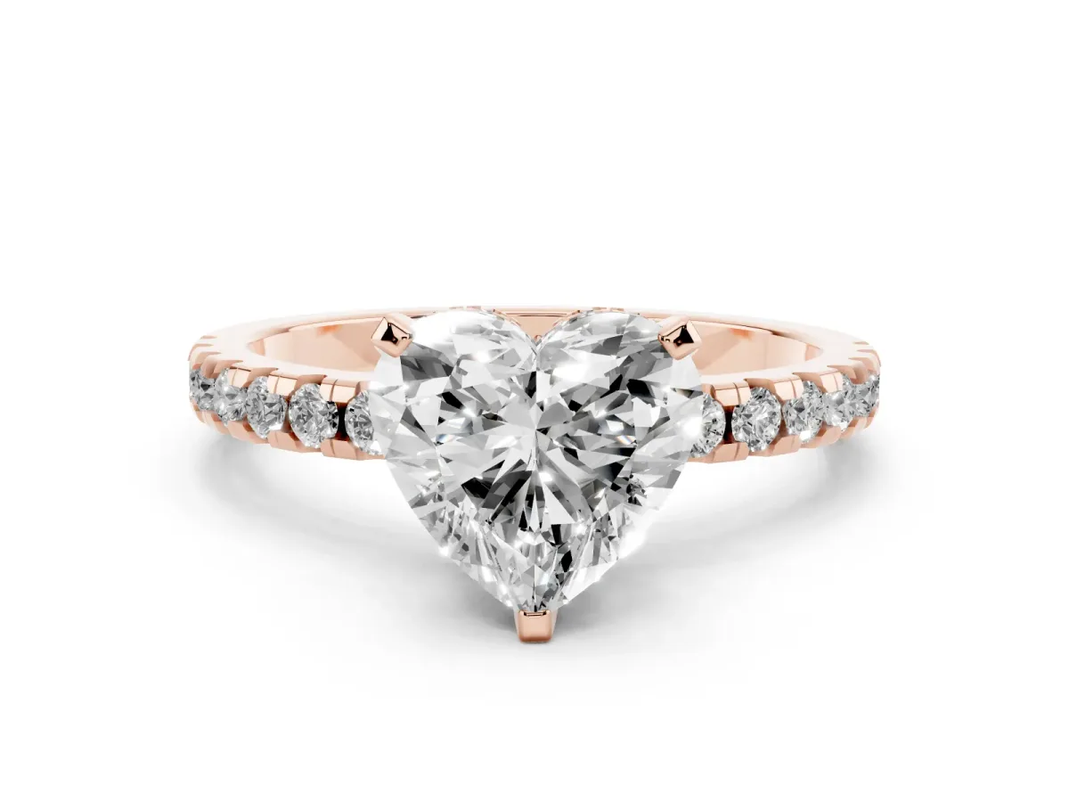Heart Cut Diamond Solitaire Ring with Round Pavé Band and Four-Prong Setting Rose gold