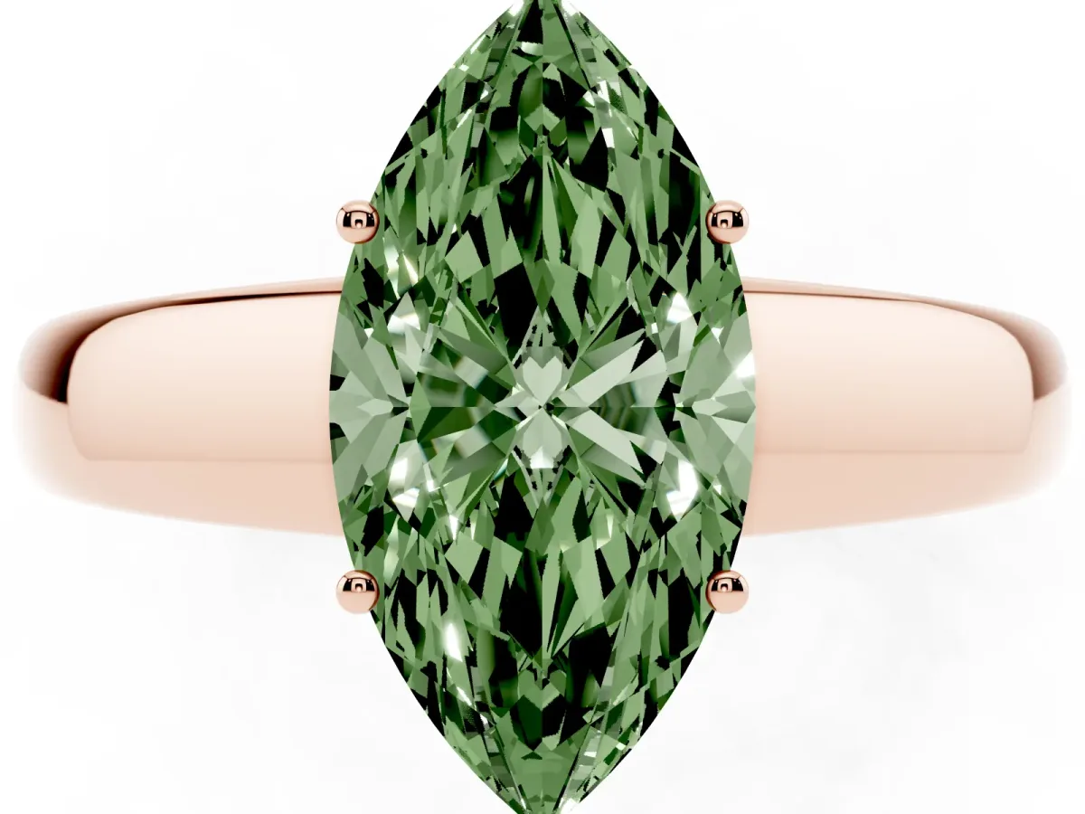 Fancy Green Marquise Cut Solitaire Diamond Ring with Tapered Band and Four-Prong Setting Rose gold