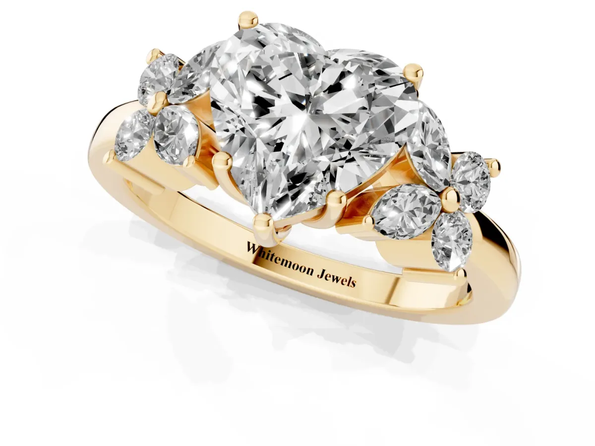 Heart Cut Diamond Floral Cluster Ring with Solitaire Band and Prong Setting Yellow gold