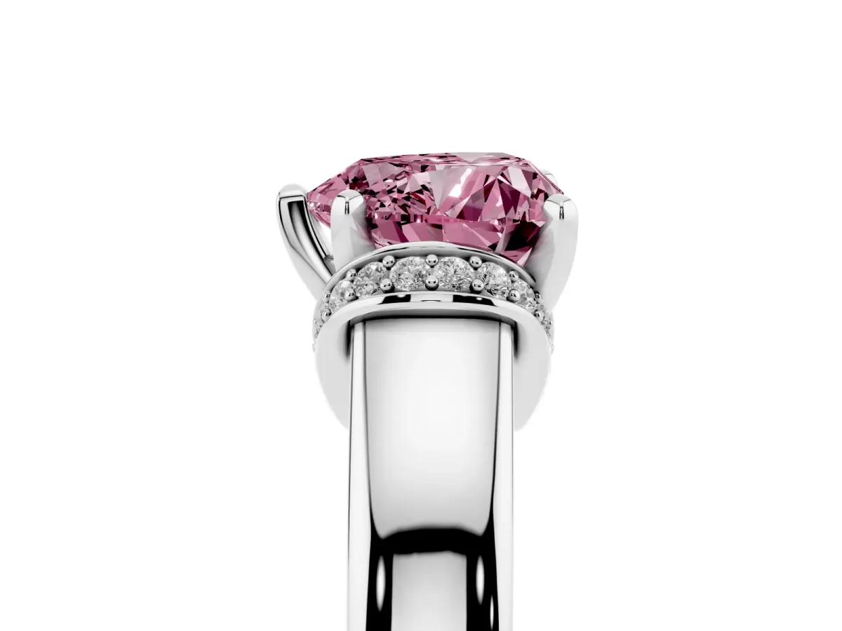 Fancy Pink Heart Cut Solitaire Diamond Ring with Pave Band and Six-Prong Setting Platinum