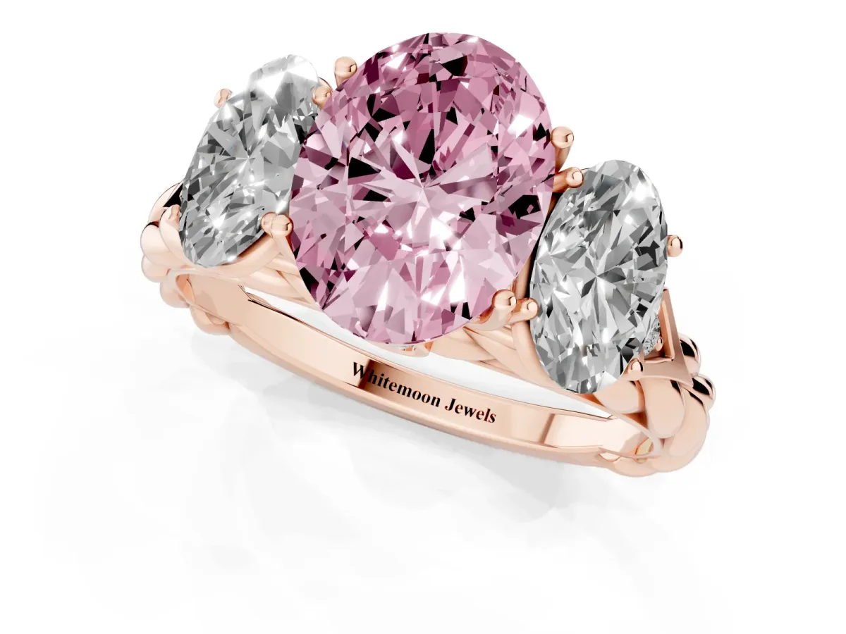 Fancy Pink Three-Stone Oval Cut Diamond Braided Band Ring with Four-Prong Setting Rose gold