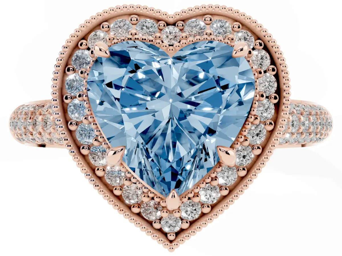 Fancy Blue Heart Cut Cut Halo Diamond Pave Band with Four-Prong Setting Rose gold