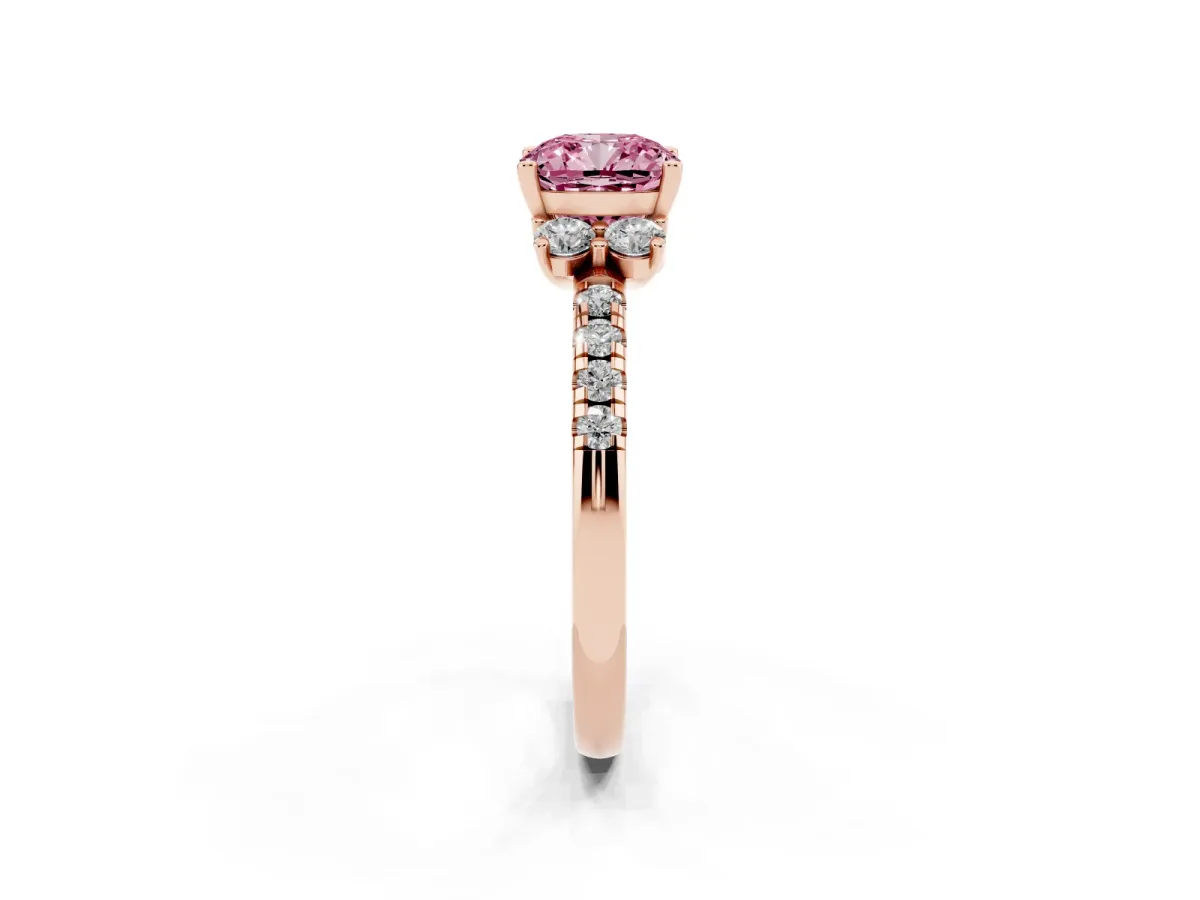 Fancy Pink Cushion Cut Diamond Three-Stone Pave Band with Four-Prong Setting Rose gold