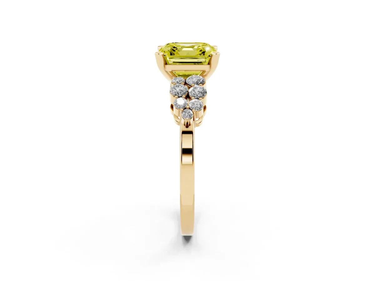 Fancy Yellow Asscher Cut Cluster Diamond Engagement Ring with Pavé Band and Four-Prong Setting Yellow gold
