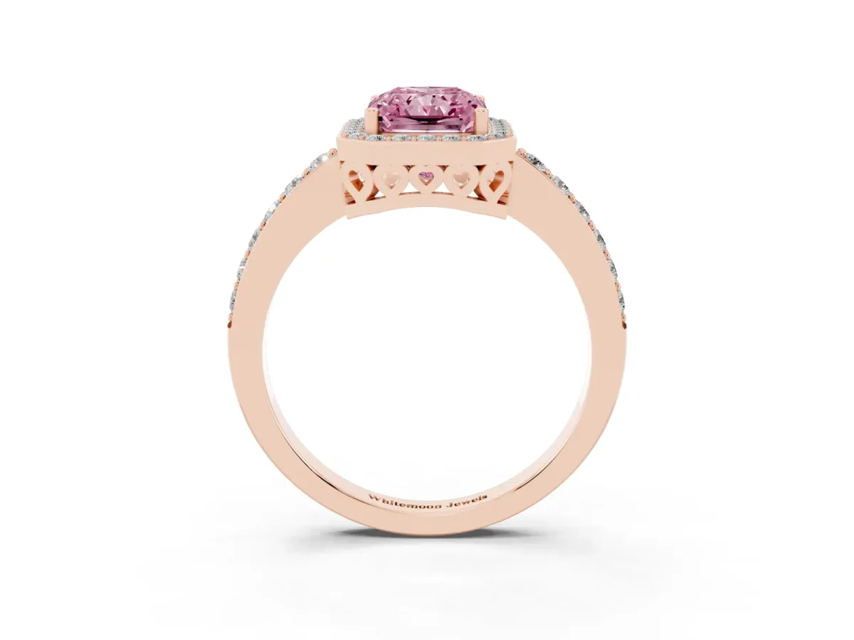 Fancy Pink Radiant Cut Halo Diamond Pavé Band Ring with Prong Setting Rose gold