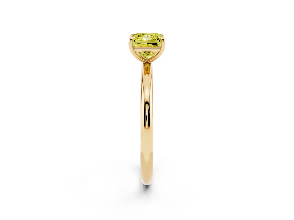 Fancy Yellow Princess Cut Solitaire Diamond Ring with Four-Prong Setting on a Plain Band Yellow gold
