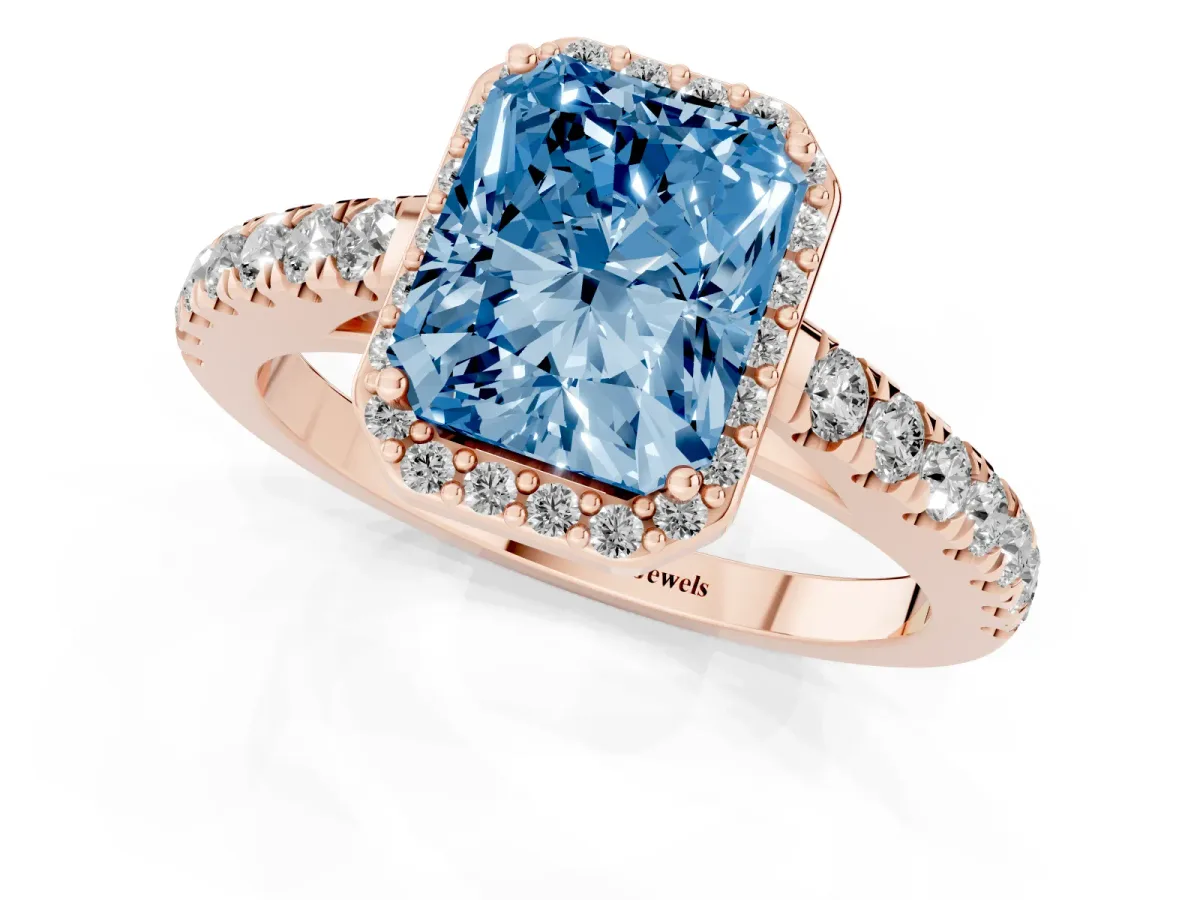Fancy Blue Radiant Cut Cut Halo Diamond Engagement Ring with Pave Band and Four-Prong Setting Rose gold
