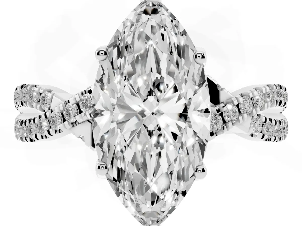 Marquise Cut Solitaire Twist Pave Diamond Engagement Ring with Prong Setting Silver