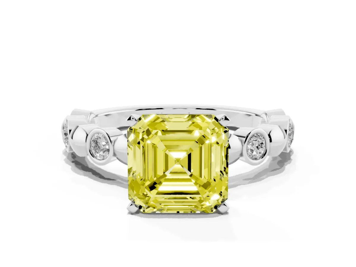 Fancy Yellow Asscher Cut Solitaire Bezel-Set Diamond Ring with Beaded Band and Four-Prong Setting Silver