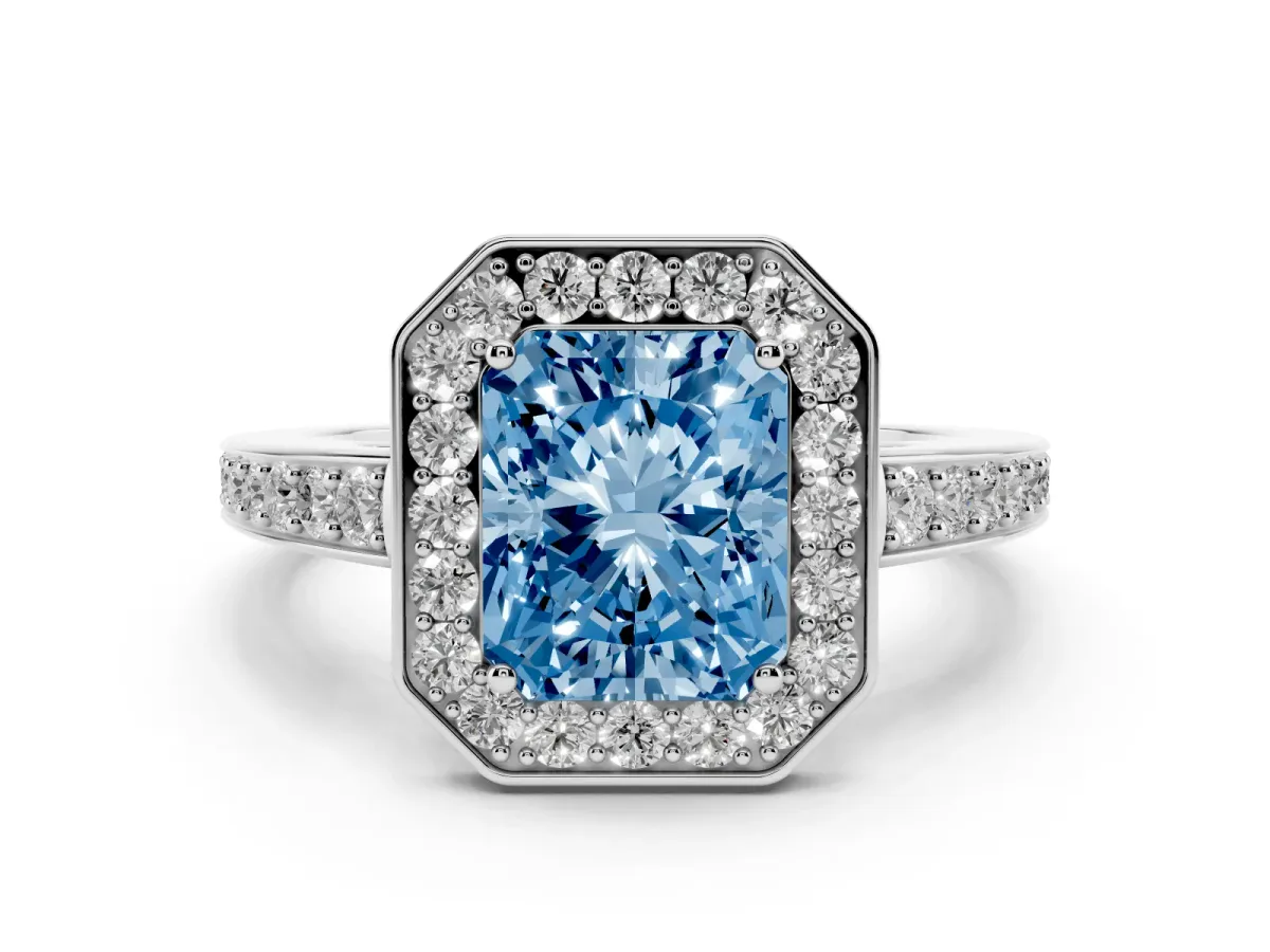Fancy Blue Radiant Cut Halo Pavé Diamond Engagement Ring with Bezel Setting Platinum