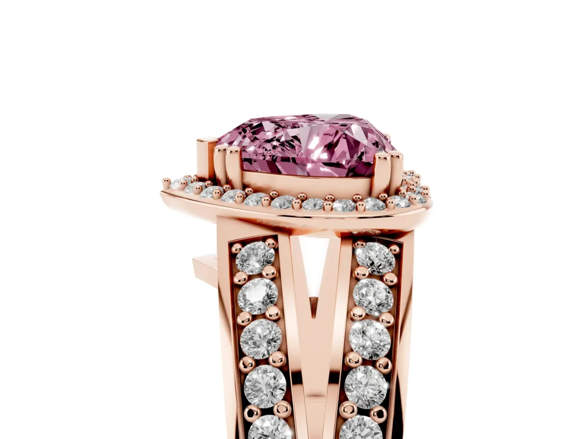 Fancy Pink Heart Cut Diamond Halo Ring with Split Shank Pavé Band and Four-Prong Setting Rose gold