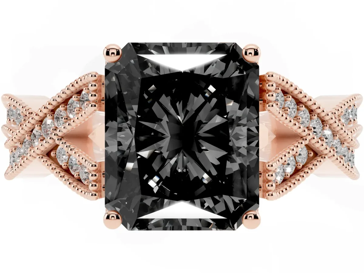 Fancy Black Radiant Cut Cut Diamond Twisted Band with Milgrain Pave Setting and Four-Prong Setting Rose gold