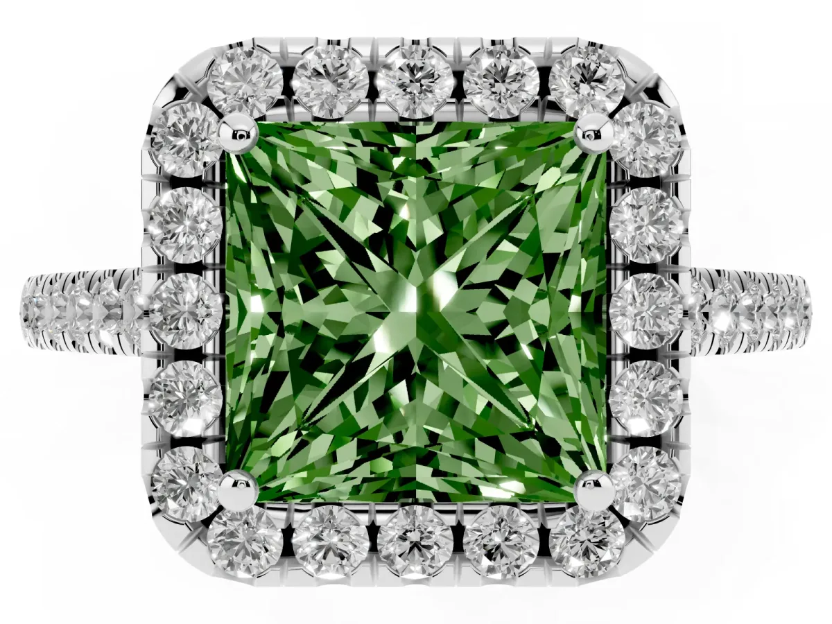 Fancy Green Princess Cut Halo Pavé Diamond Engagement Ring with Four-Prong Setting Silver
