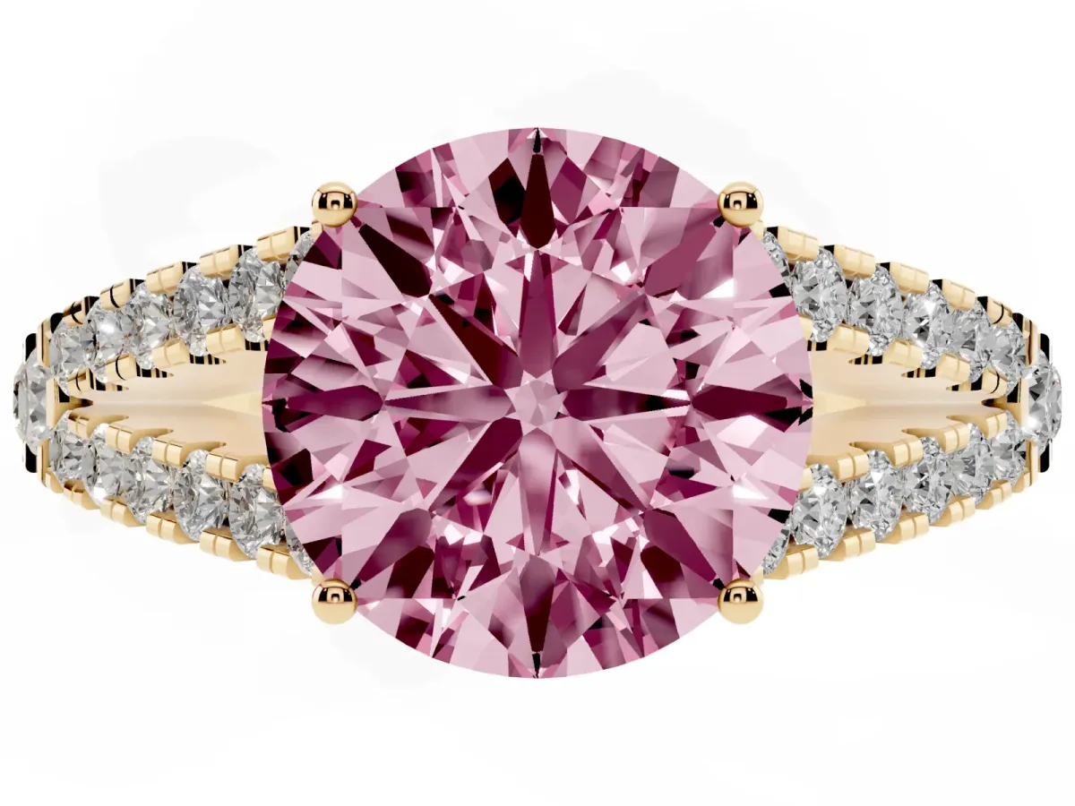 Fancy Pink Round Cut Diamond Split Shank Engagement Ring with Round Pavé and Prong Setting Yellow gold