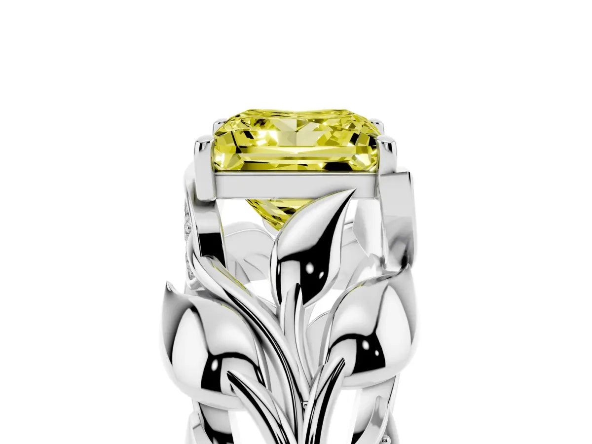 Fancy Yellow Princess Cut Diamond Leaf-Inspired Engagement Ring with Round Accents and Prong Setting White gold