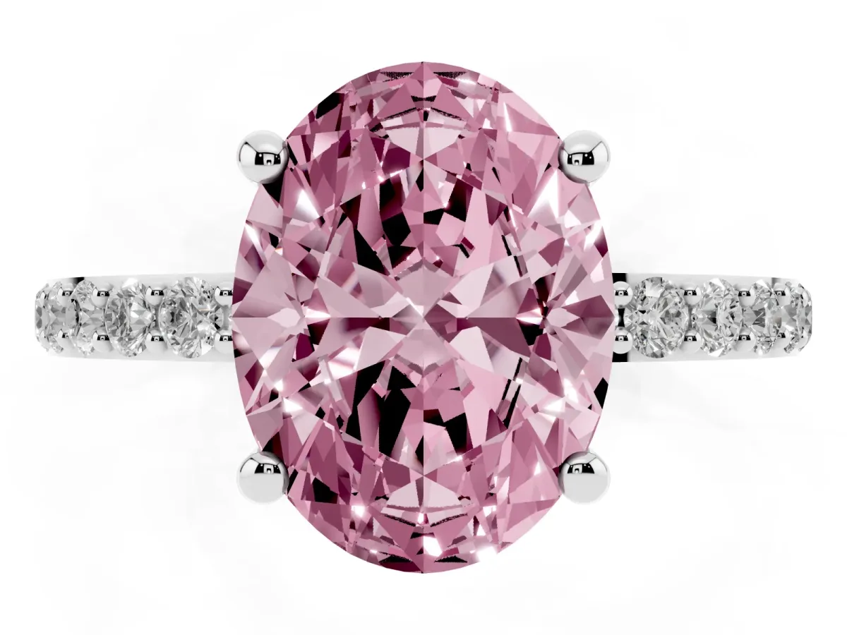 Fancy Pink Oval Cut Diamond Solitaire Ring with Round Pavé Band and Prong Setting Silver