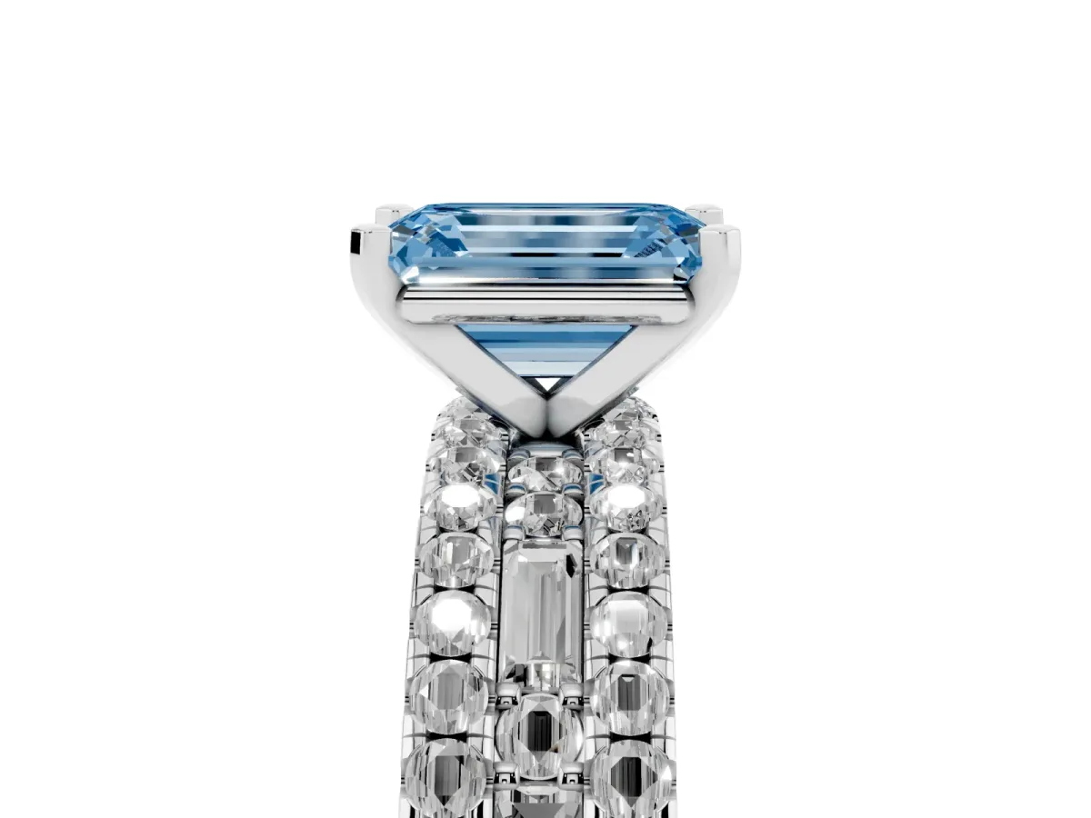 Fancy Blue Emerald Cut Diamond Solitaire Ring with Pavé and Channel Set Band Platinum