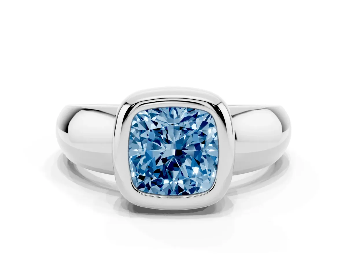 Fancy Blue Bezel Set Cushion Cut Solitaire Ring with Wide Band Silver