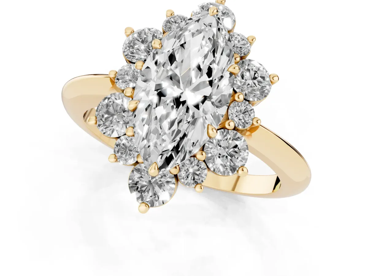 Marquise Cut Diamond Cluster Halo Ring with Solitaire Band and Four-Prong Setting Yellow gold