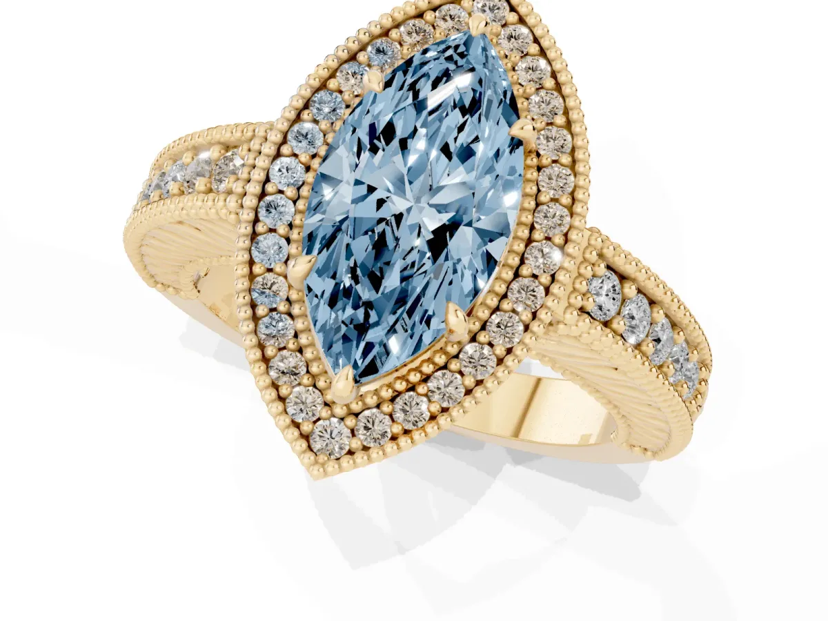 Fancy Blue Marquise Cut Cut Halo Diamond Ring with Pavé Band and Four-Prong Setting Yellow gold