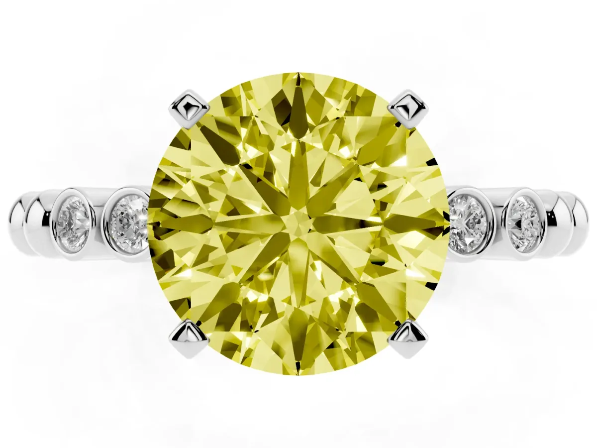 Fancy Yellow Round Cut Solitaire Bezel Accent Diamond Engagement Ring with Beaded Band and Four-Prong Setting Silver