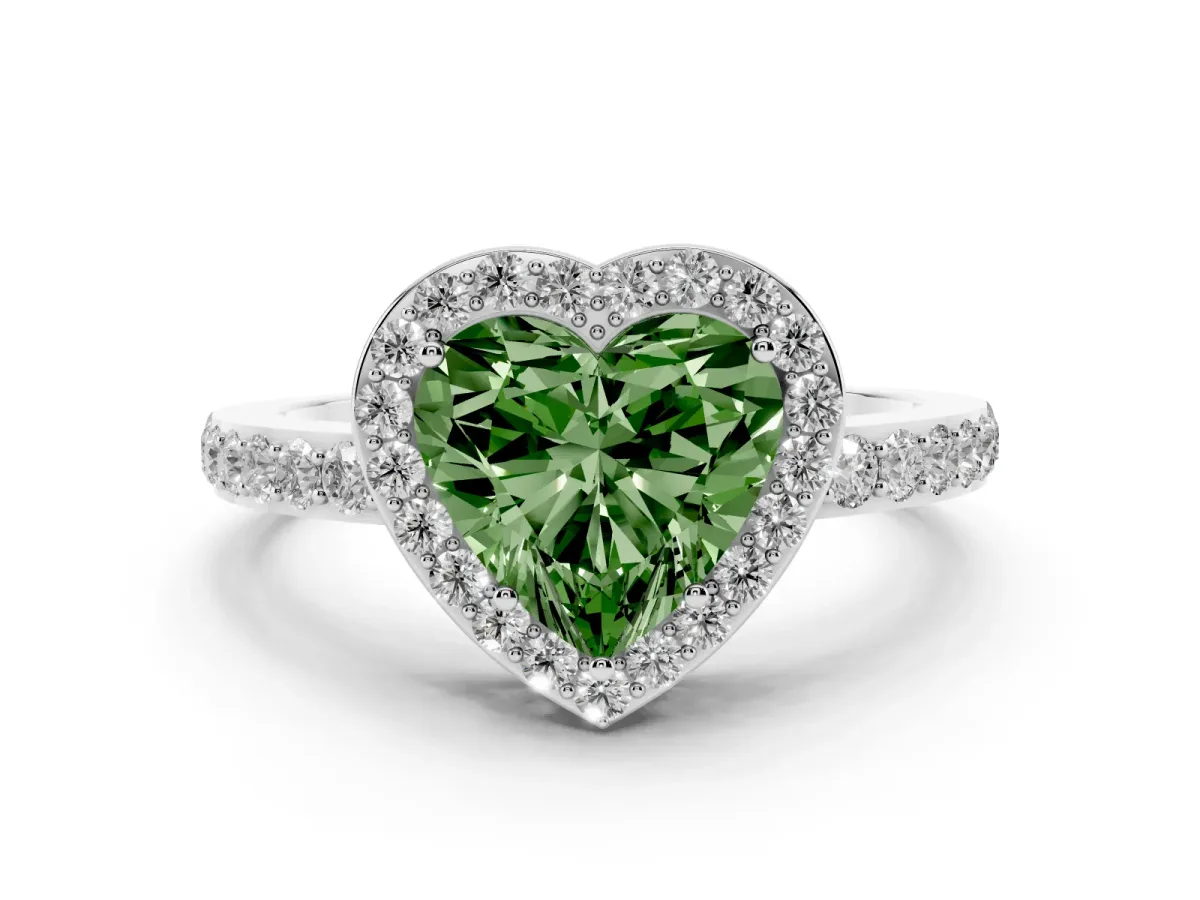 Fancy Green Heart Cut Halo Diamond Pavé Band Ring with Prong Setting Platinum