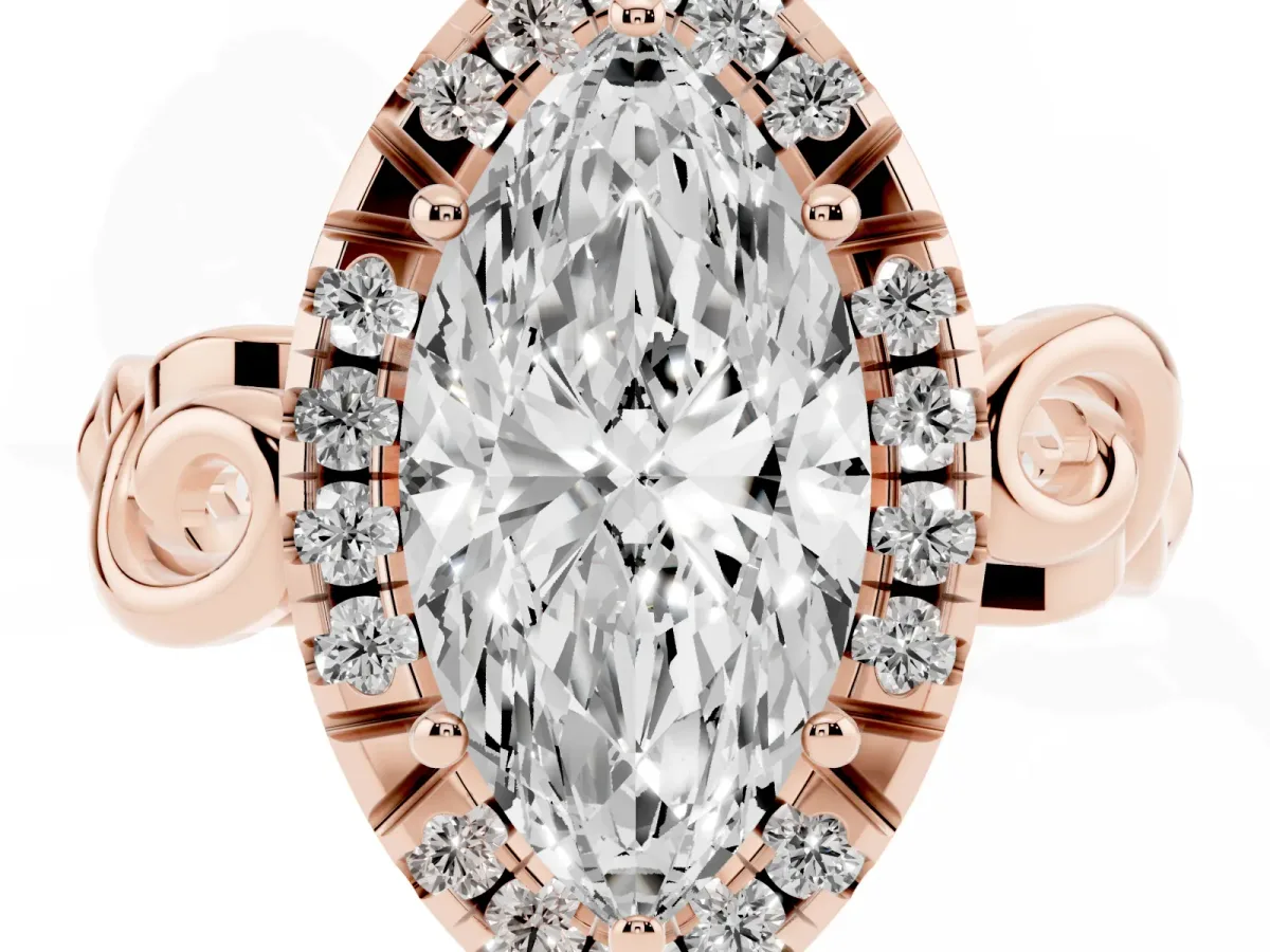Marquise Cut Cut Halo Diamond Ring with Scrollwork Band and Four-Prong Setting Rose gold