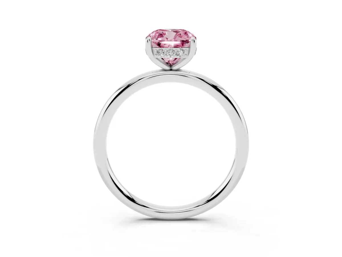Fancy Pink Cushion Cut Solitaire Diamond Ring with a Classic Band and Four-Prong Setting Silver