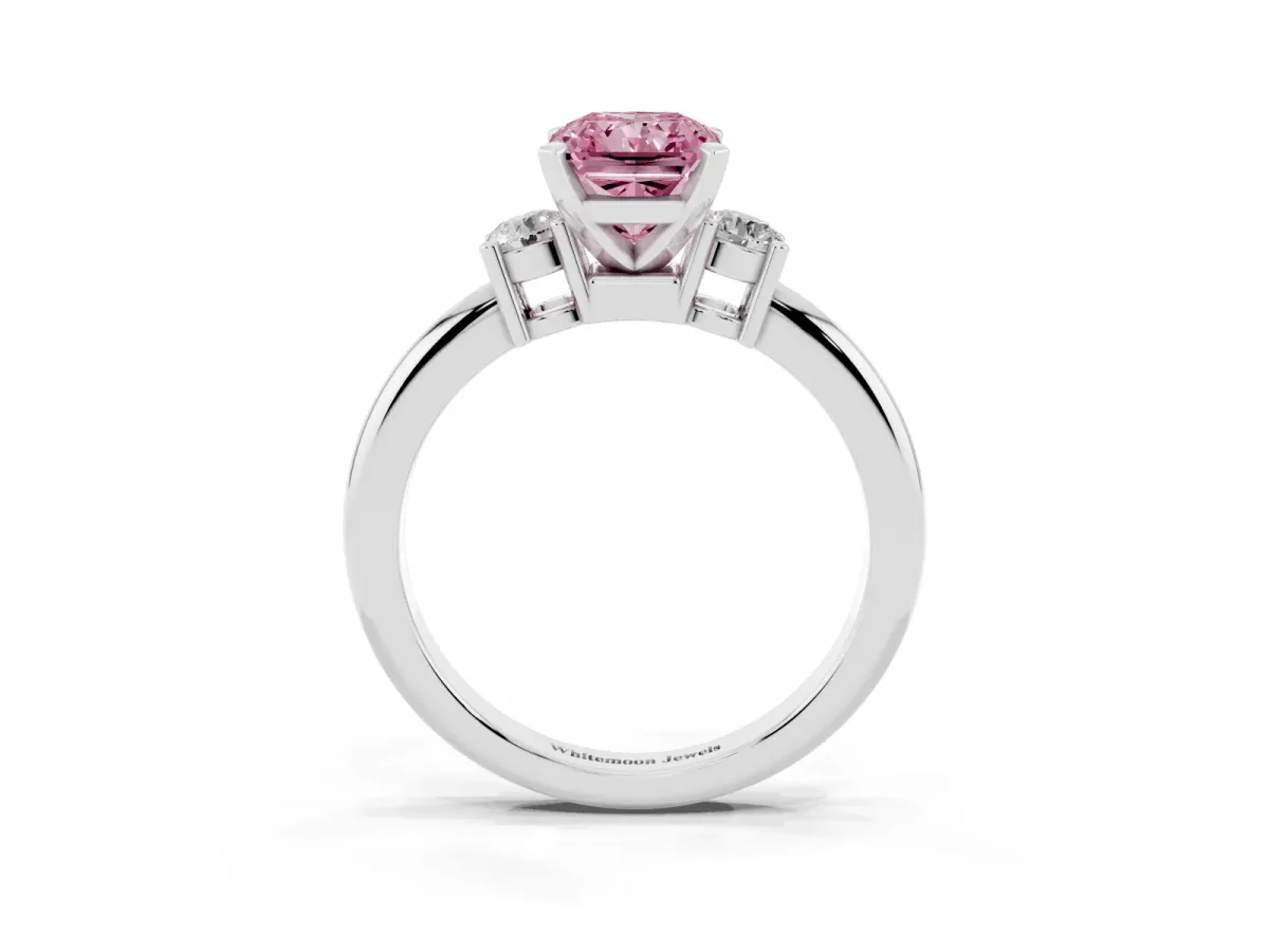 Fancy Pink Three-Stone Radiant Cut Cut Diamond Solitaire with Prong Setting and Classic Band Silver