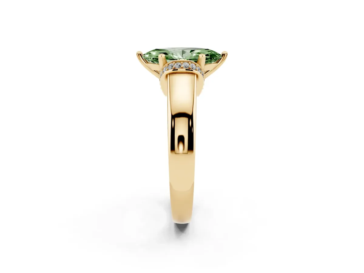 Fancy Green Marquise Cut Solitaire Diamond Ring with Pave Band and Six-Prong Setting Yellow gold
