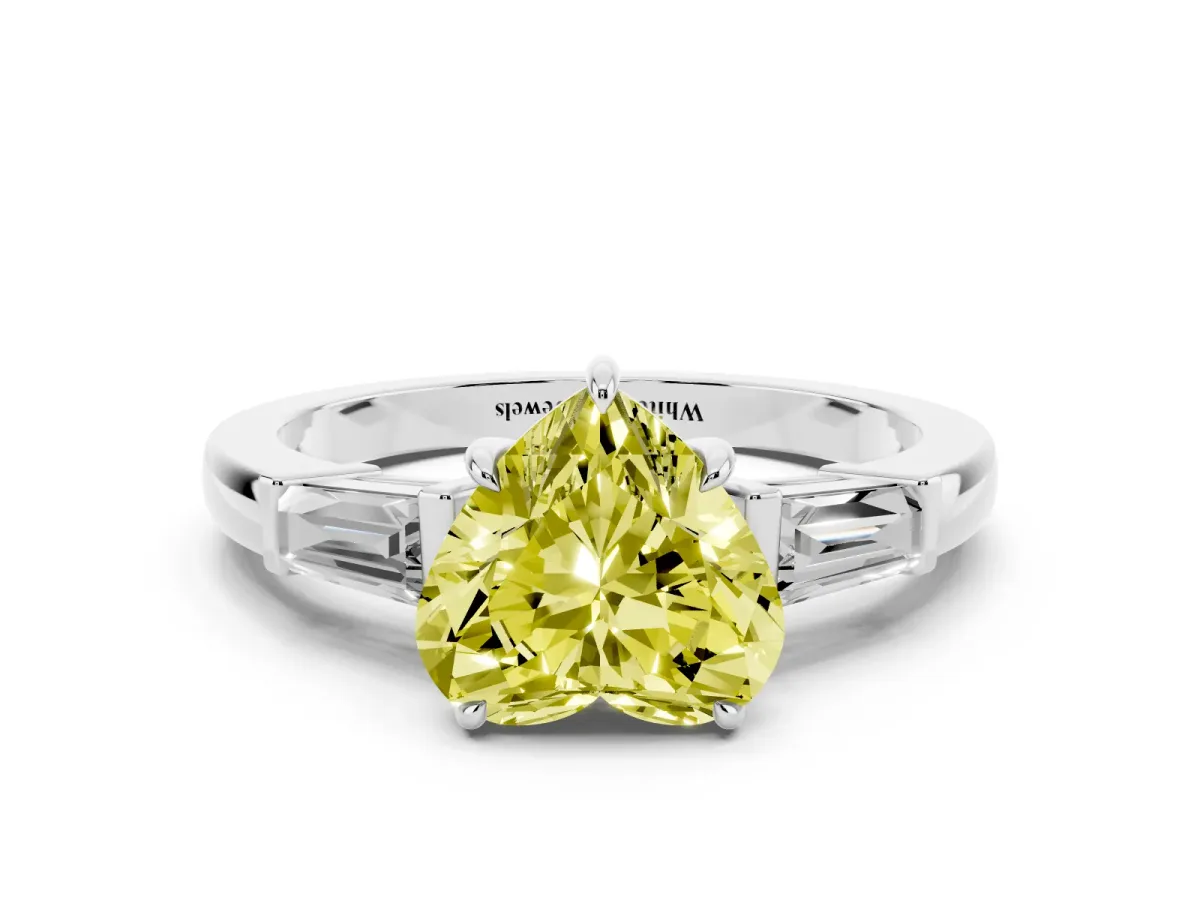 Fancy Yellow Heart Cut Diamond Three-Stone Ring with Tapered Baguette Side Stones and Prong Setting White gold