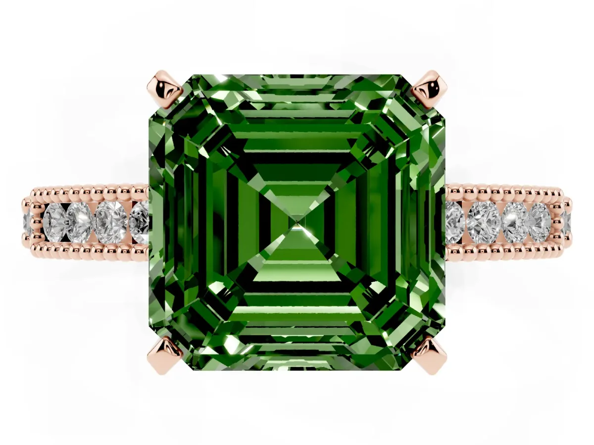 Fancy Green Asscher Cut Solitaire with Pavé Band and Four-Prong Setting Rose gold