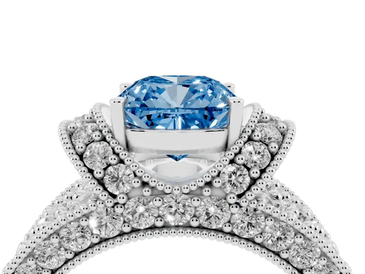 Fancy Blue Cushion Cut Halo Pave Diamond Engagement Ring with Milgrain Detailing Platinum
