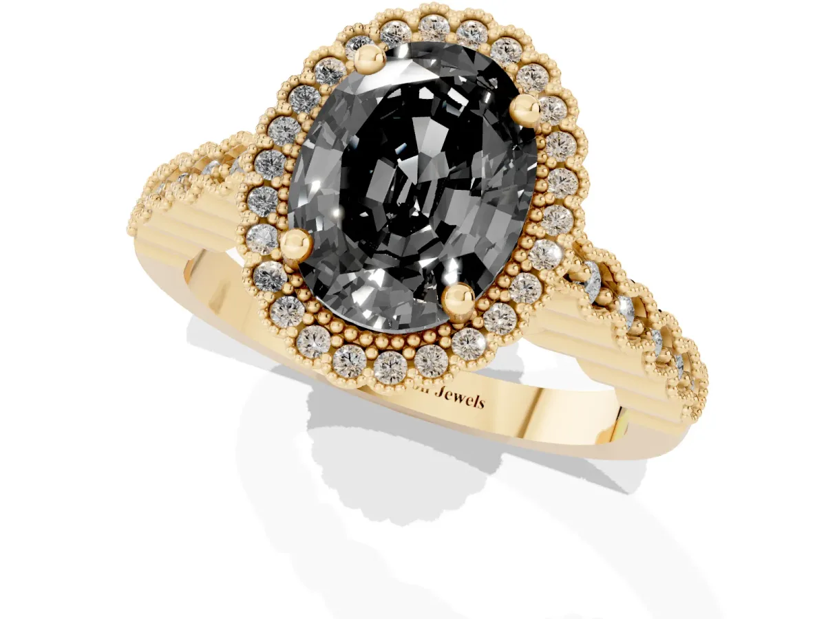 Fancy Black Oval Cut Cut Halo Pavé Solitaire Ring with Milgrain Band Yellow gold