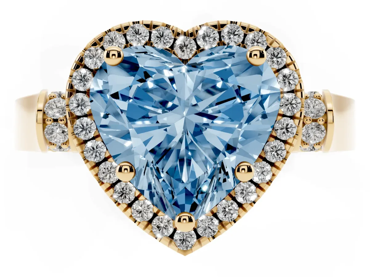Fancy Blue Heart Cut Halo Pave Split Shank Prong Setting Ring Yellow gold