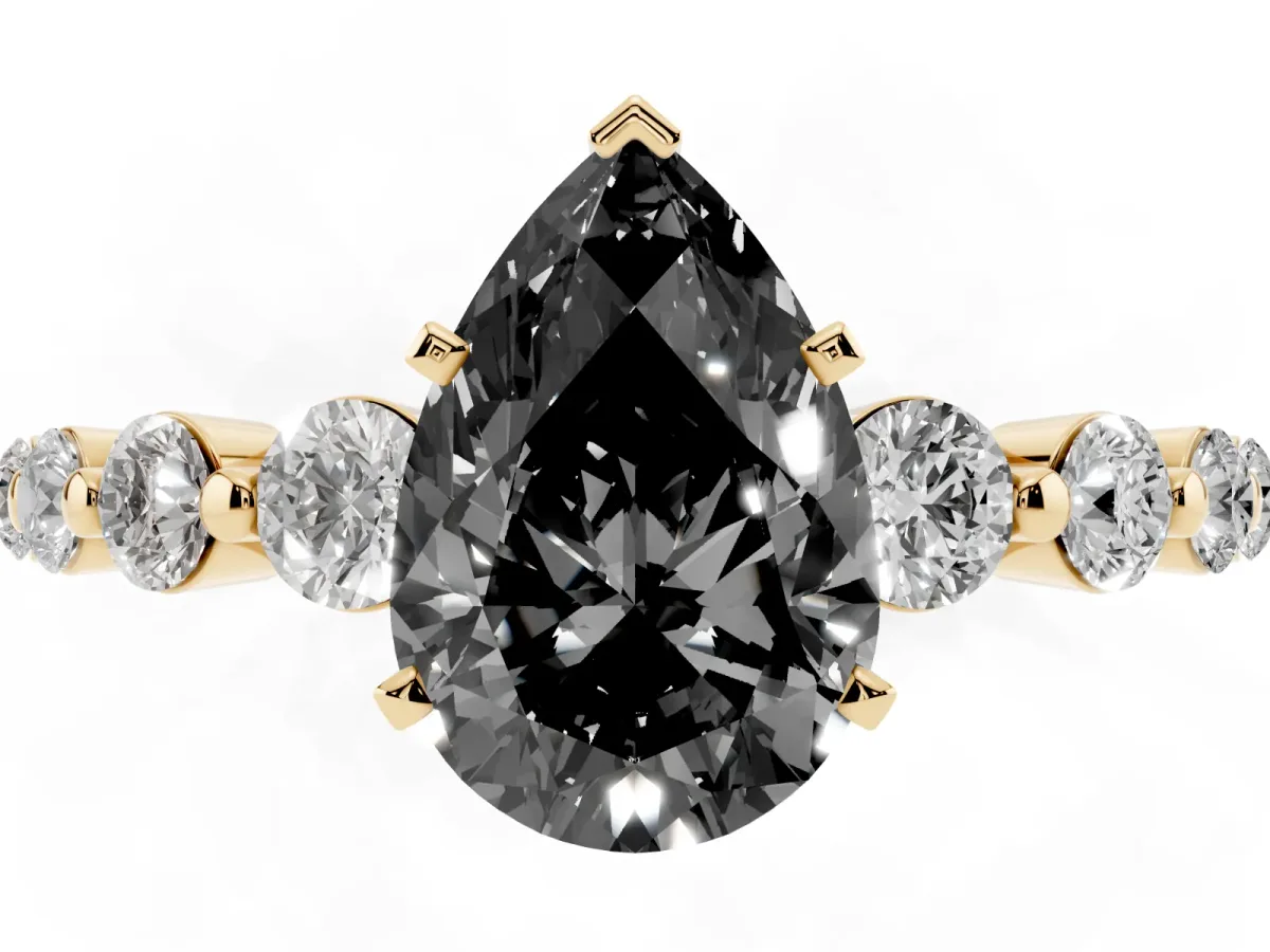 Fancy Black Pear Cut Solitaire Diamond Ring with Pave Band and Four-Prong Setting Yellow gold