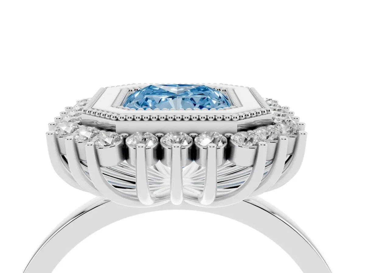 Fancy Blue Radiant Cut Halo Diamond Ring with Milgrain Edge and Round Prong Setting Silver