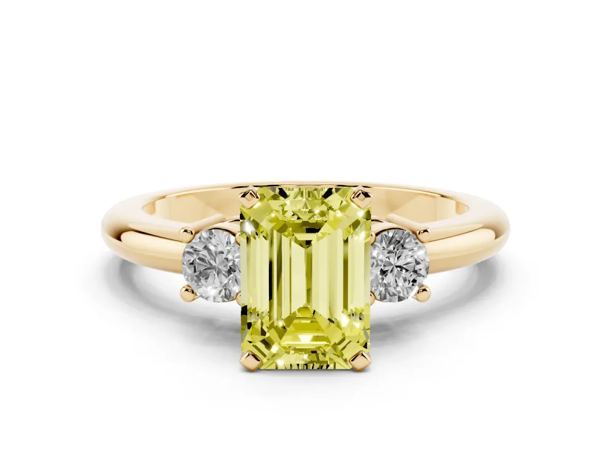 Fancy Yellow Three-Stone Emerald Cut Cut Diamond Solitaire with Prong Setting and Classic Band Yellow gold