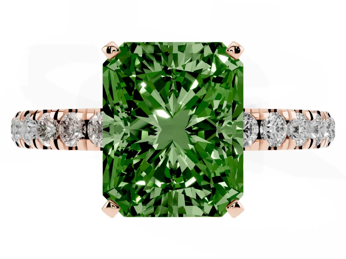 Fancy Green Radiant Cut Diamond Solitaire Ring with Pavé Accents and Four-Prong Setting Rose gold